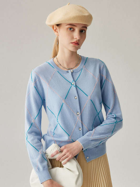 COMOBOCA 100% Cashmere Women's Diamond Patterned Pearl Button Cardigan