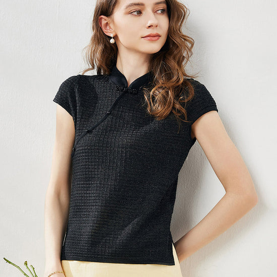 COMOBOCA Black Women's Textured Pearl Accents Blouse