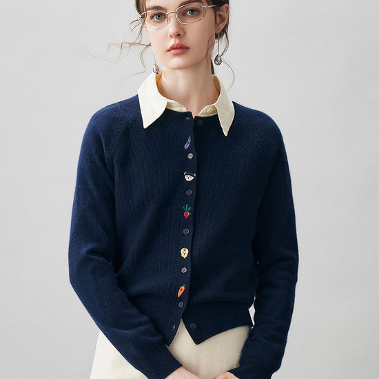 COMOBOCA 100% Cashmere Women's Embroidered Button-Front Cardigan