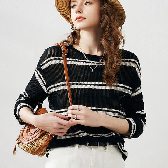 COMOBOCA Black Women's Striped Ribbed Round Neck Sweater