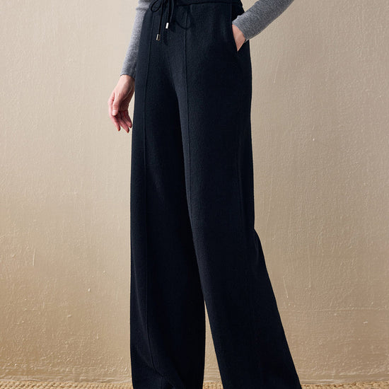 COMOBOCA Black 100% Wool Women's Wide Leg Pants with Drawstring