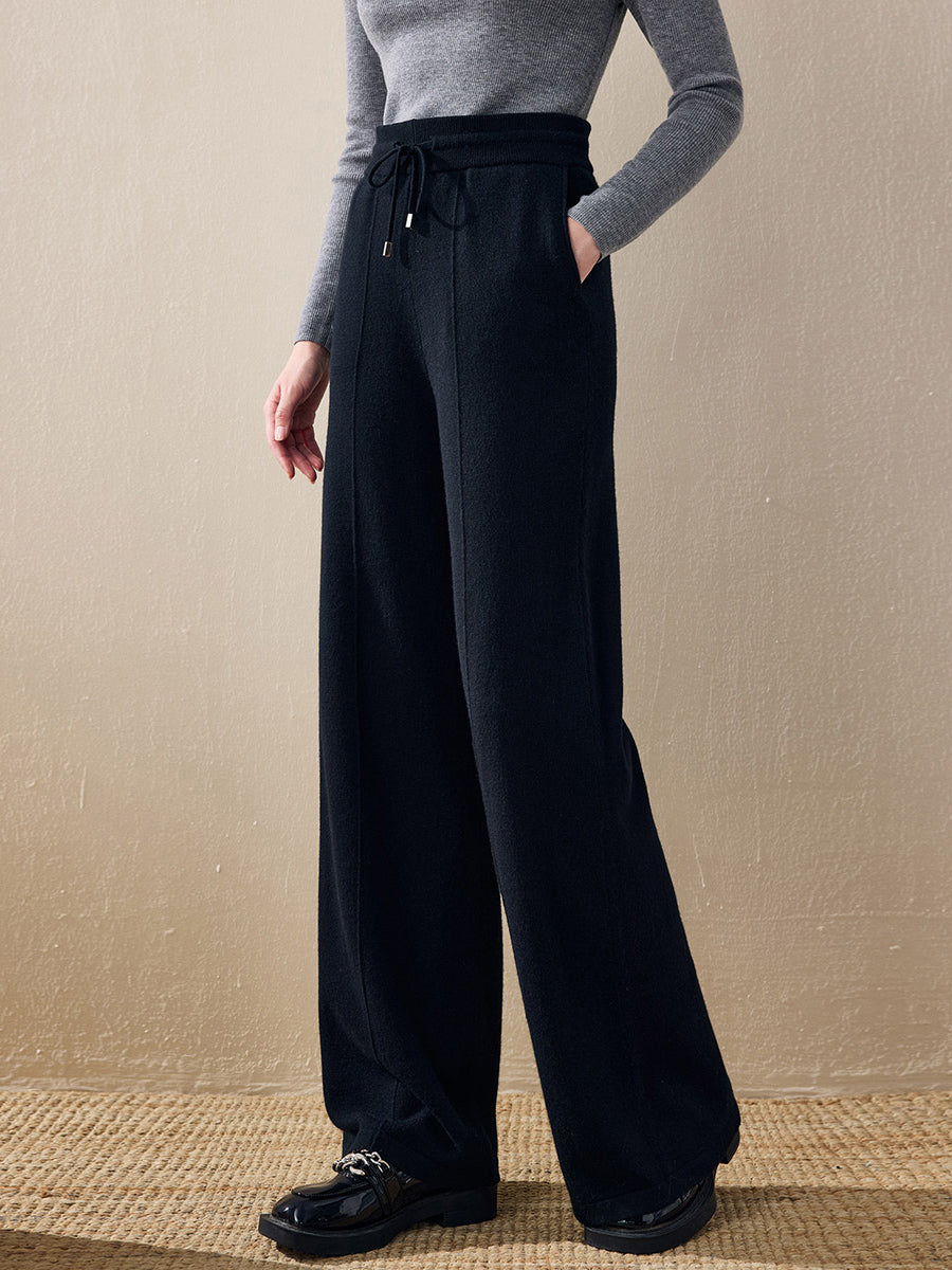 COMOBOCA Black 100% Wool Women's Wide Leg Pants with Drawstring