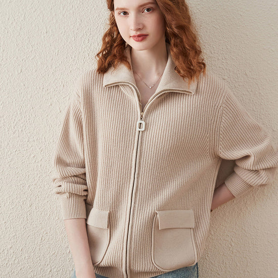 COMOBOCA Beige 100% Wool Women's Knit Zipper Cardigan with Pockets