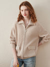 COMOBOCA Beige 100% Wool Women's Knit Zipper Cardigan with Pockets
