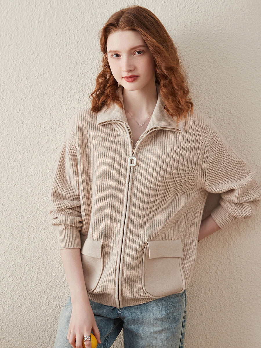 COMOBOCA Beige 100% Wool Women's Knit Zipper Cardigan with Pockets