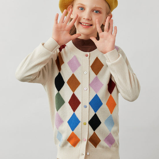 COMOBOCA Beige 100% Wool Kids' Colorful Buttons Argyle Cardigan