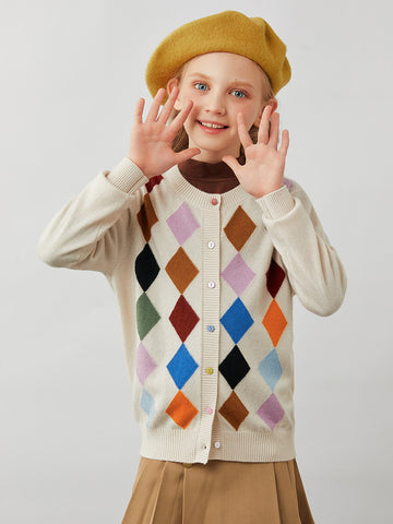 COMOBOCA Beige 100% Wool Kids' Colorful Buttons Argyle Cardigan