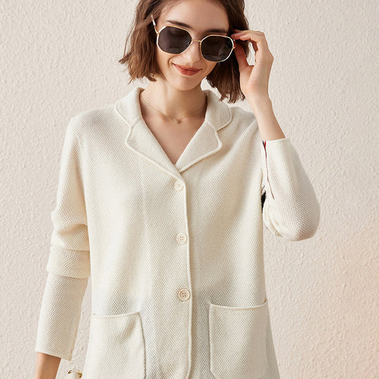 COMOBOCA 100% Cashmere Women's Striped Sleeve Knit Pocket Cardigan