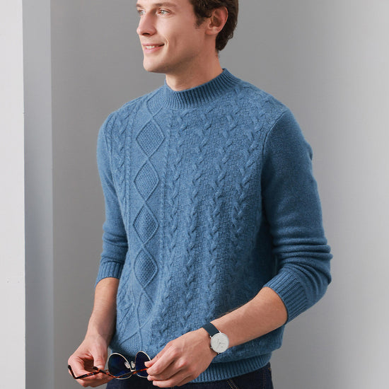 COMOBOCA BLUE 100% Cashmere Men's Ribbed Mock Neck Sweater