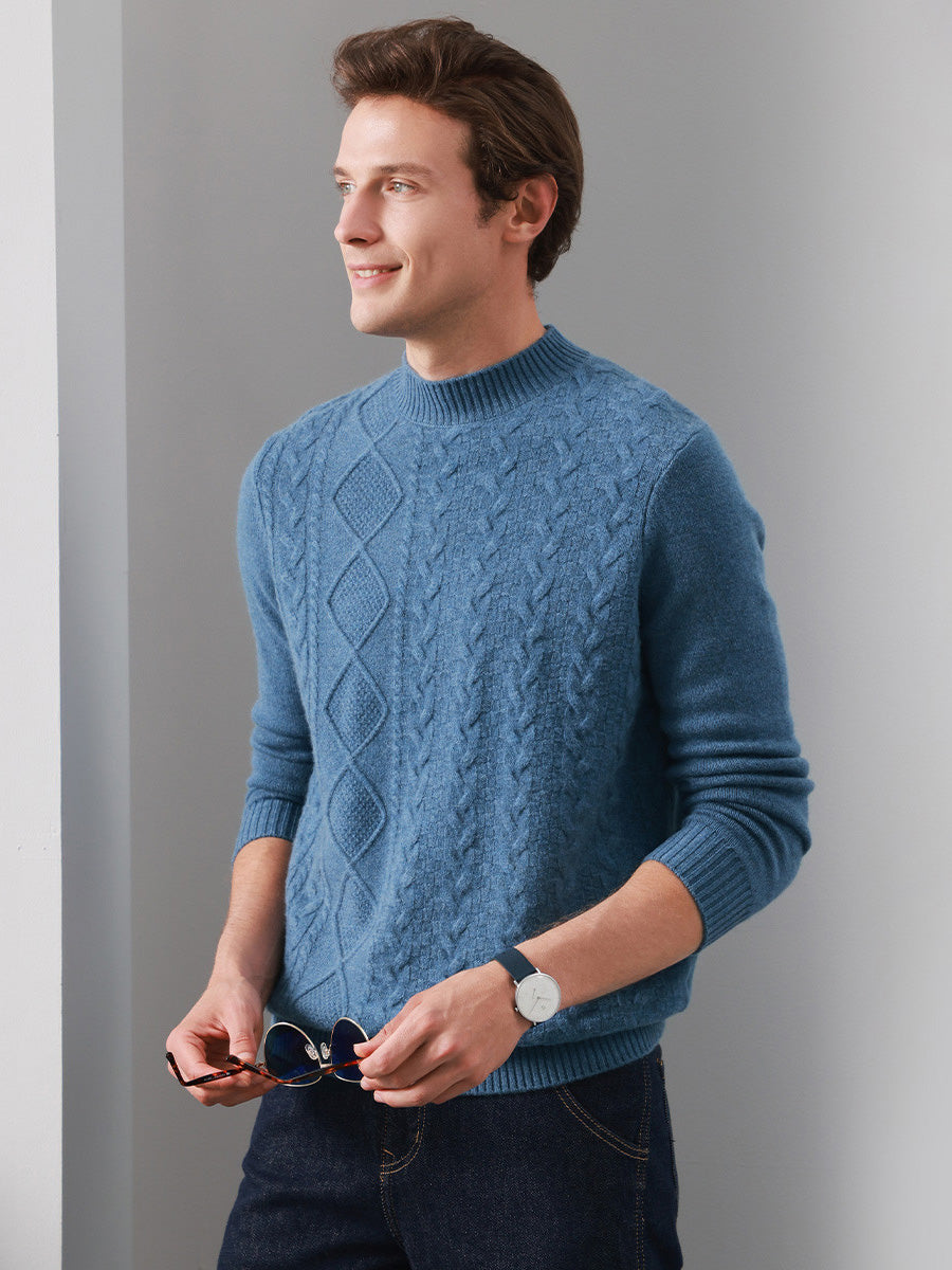 COMOBOCA BLUE 100% Cashmere Men's Ribbed Mock Neck Sweater