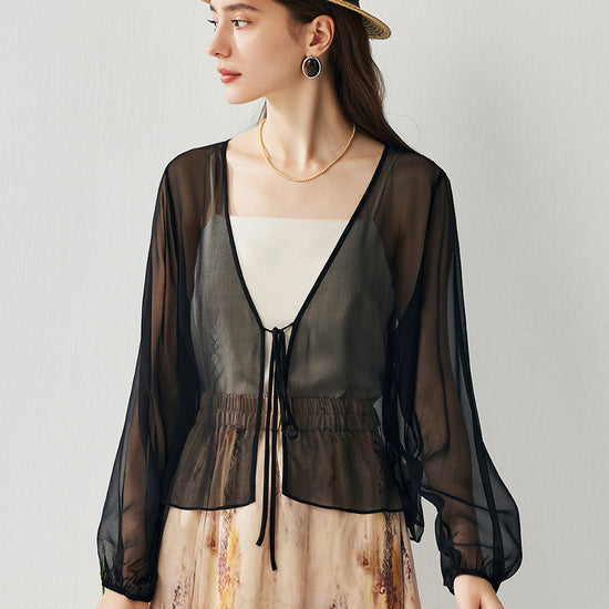 COMOBOCA Black 100% Mulberry Silk Women's Tie-Front Blouse