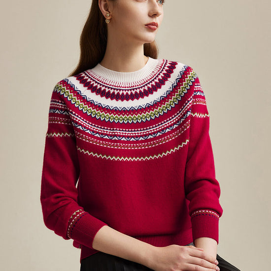 COMOBOCA Red 100% Wool Women's Fair Isle Sweater