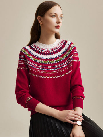 COMOBOCA Red 100% Wool Women's Fair Isle Sweater