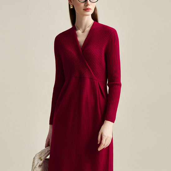 COMOBOCA 100% Cashmere Women's Knit V-Neck Midi Dress