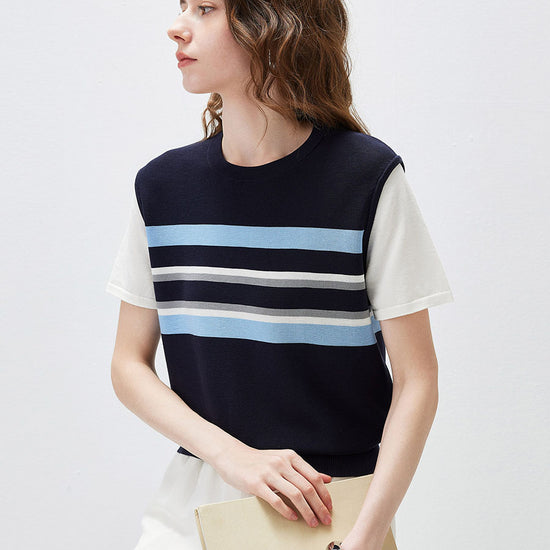 COMOBOCA Women's Striped Layered Knit T-Shirt