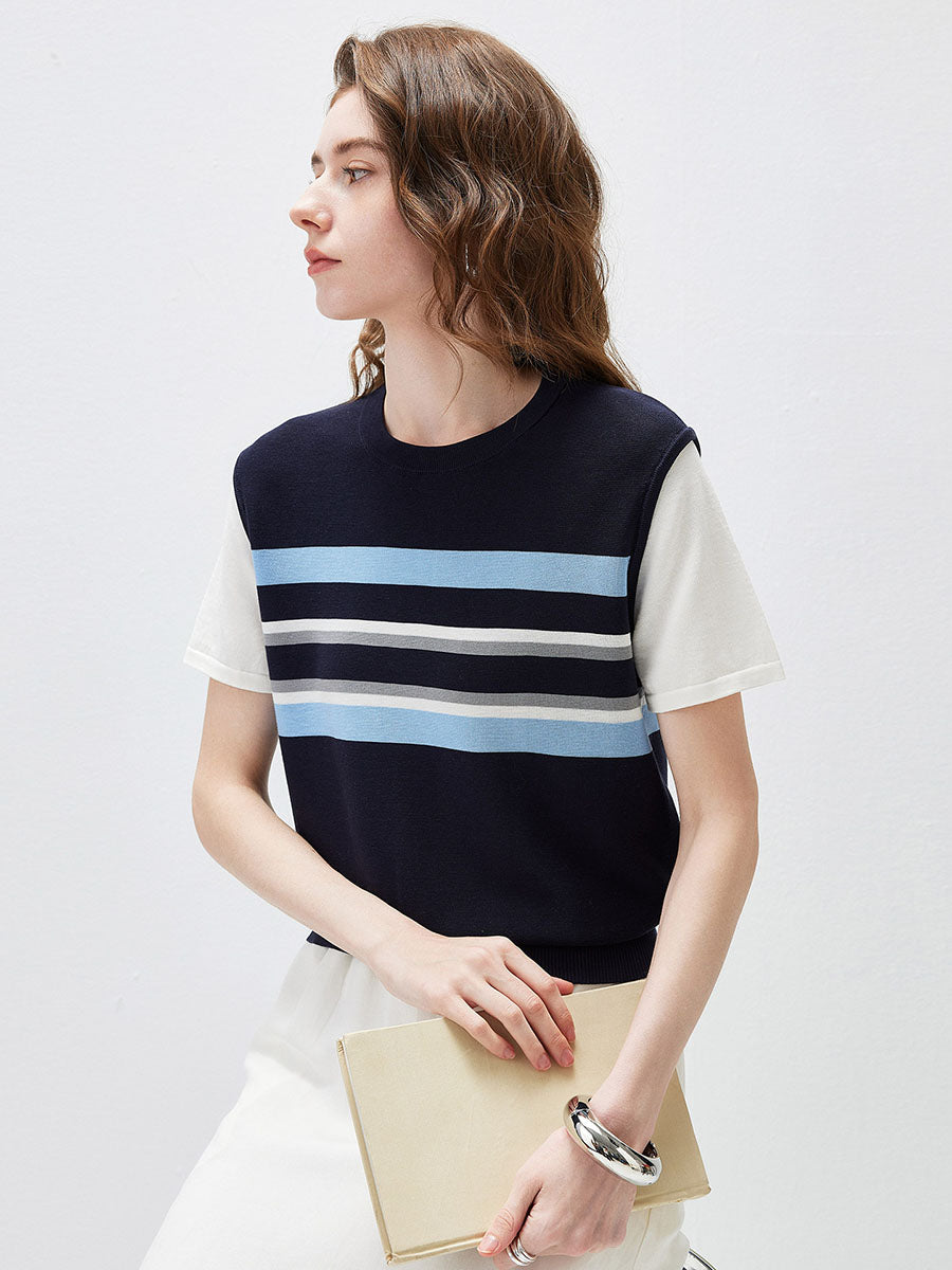 COMOBOCA Women's Striped Layered Knit T-Shirt