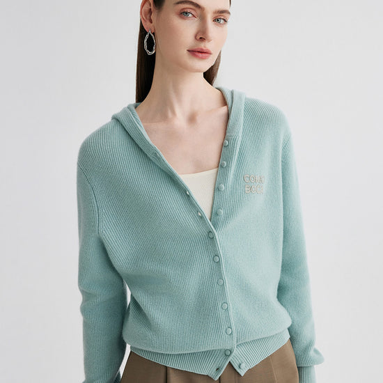 COMOBOCA 100% Cashmere Women's Button Up Knit Hoodie