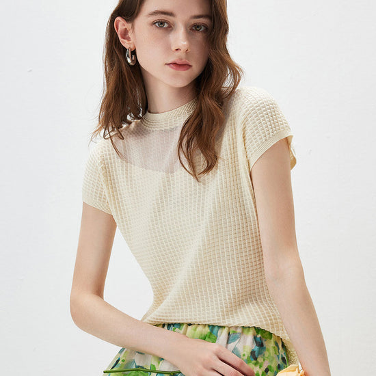 COMOBOCA Women's Waffle Knit Cap Sleeve T-Shirt with Sheer Yoke