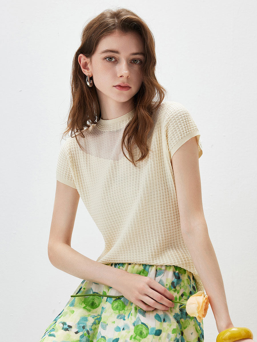 COMOBOCA Women's Waffle Knit Cap Sleeve T-Shirt with Sheer Yoke