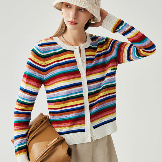 COMOBOCA Striped Women's Ribbed Rainbow Striped Knit Cardigan