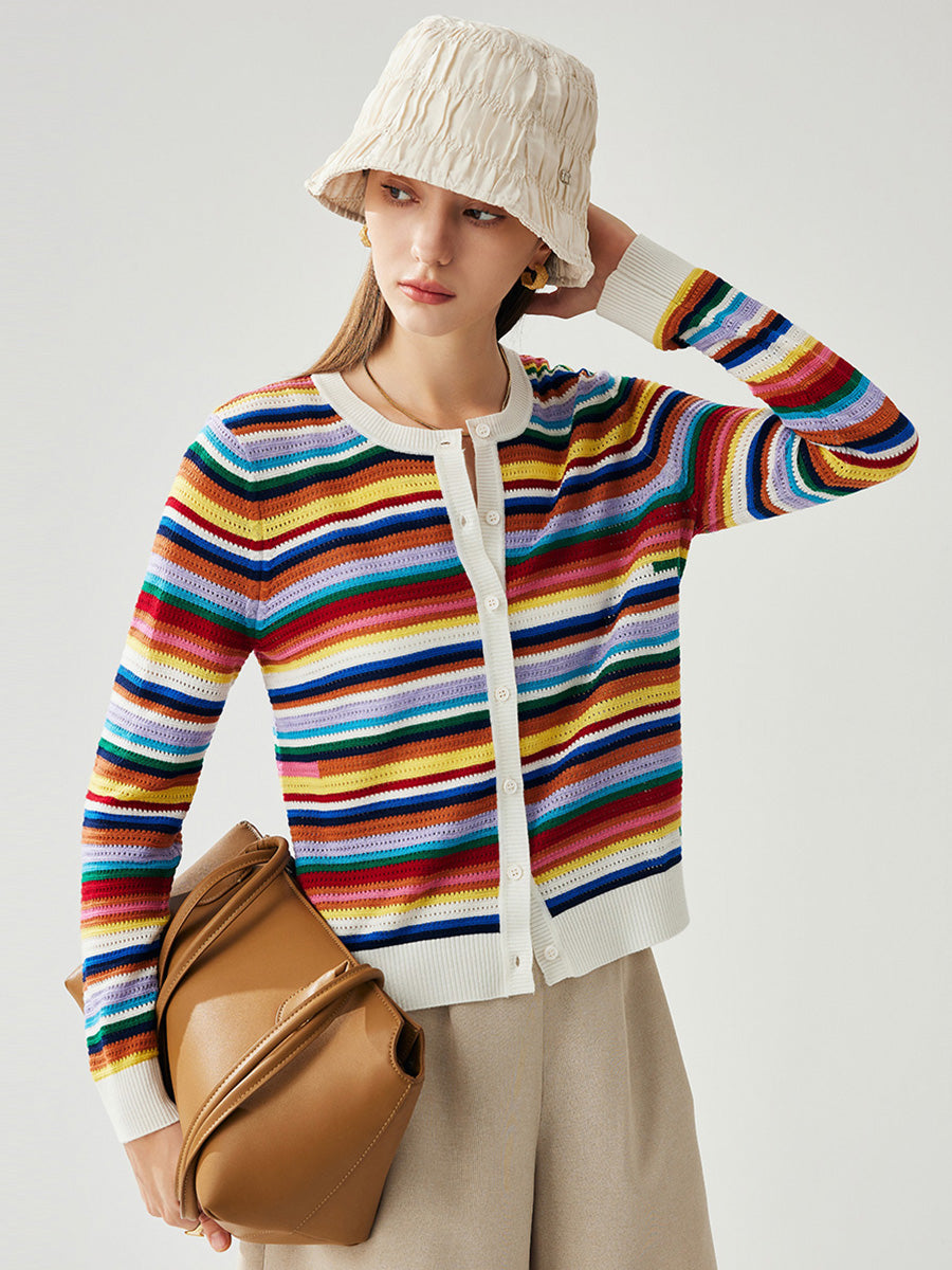 COMOBOCA Striped Women's Ribbed Rainbow Striped Knit Cardigan