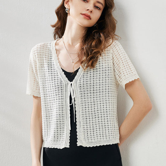 COMOBOCA Cloudy Women's Linen Crochet Tie Short Sleeve Cardigan