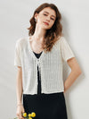 COMOBOCA Cloudy Women's Linen Crochet Tie Short Sleeve Cardigan
