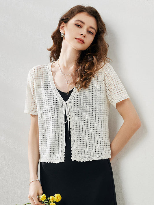 COMOBOCA Cloudy Women's Linen Crochet Tie Short Sleeve Cardigan