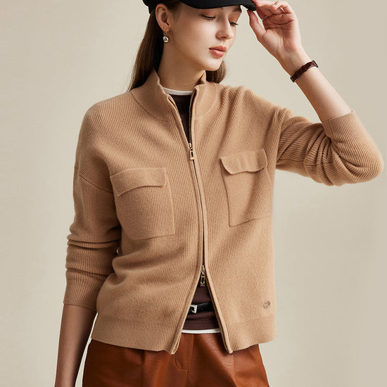 COMOBOCA 100% Wool Women's Dual Zip Cardigan with Pockets