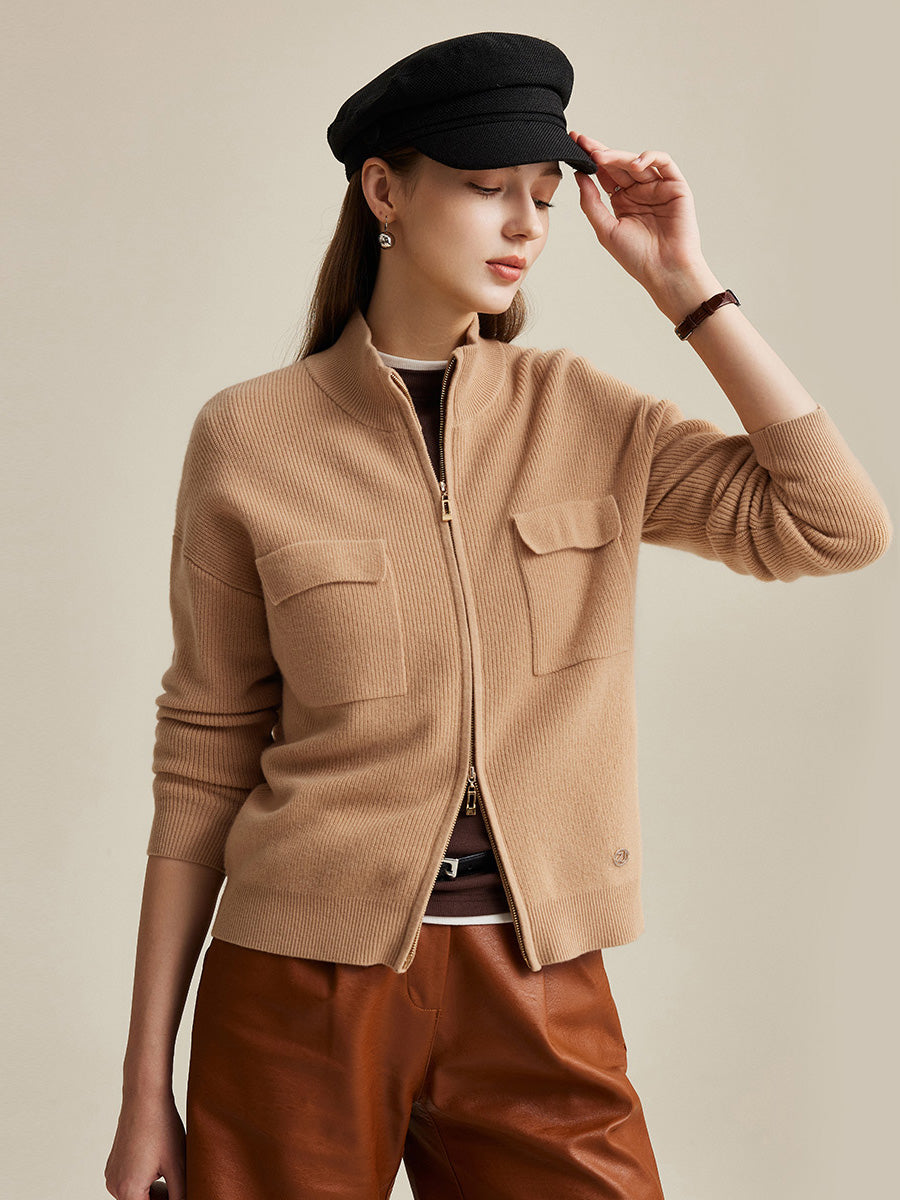 COMOBOCA 100% Wool Women's Dual Zip Cardigan with Pockets