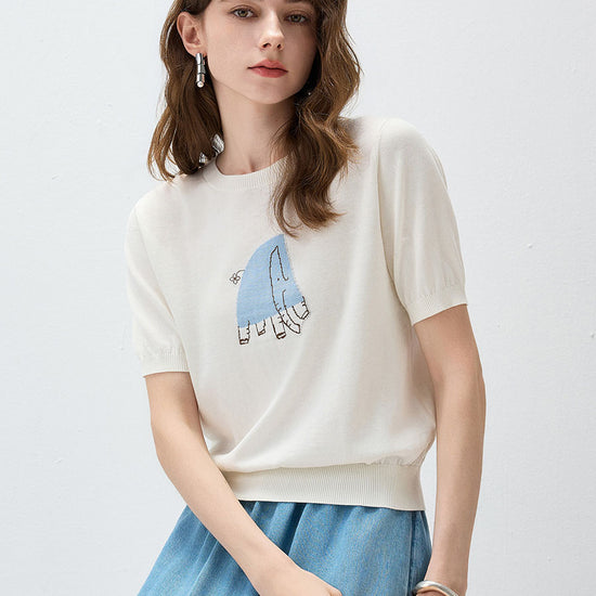 COMOBOCA Women's Elephant Intarsia Ribbed Knit T-Shirt