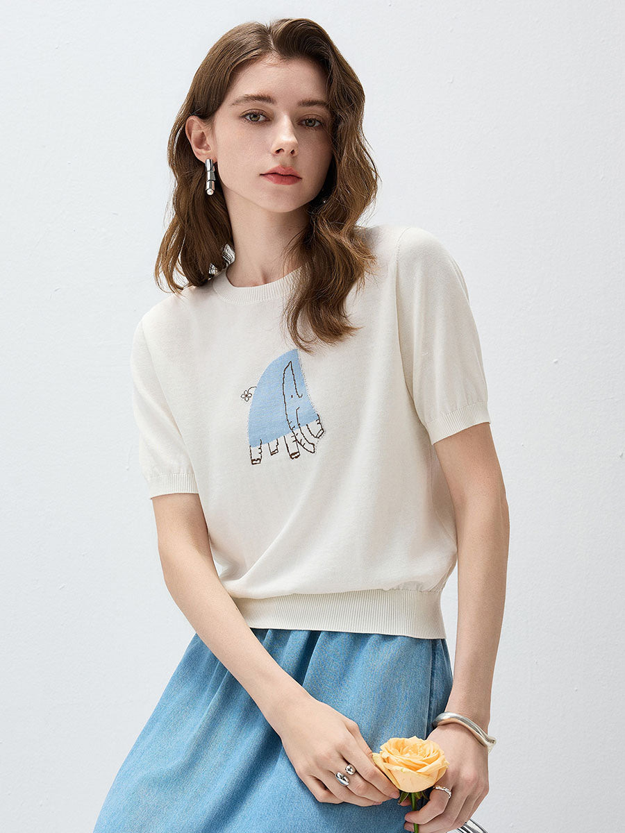 COMOBOCA Women's Elephant Intarsia Ribbed Knit T-Shirt