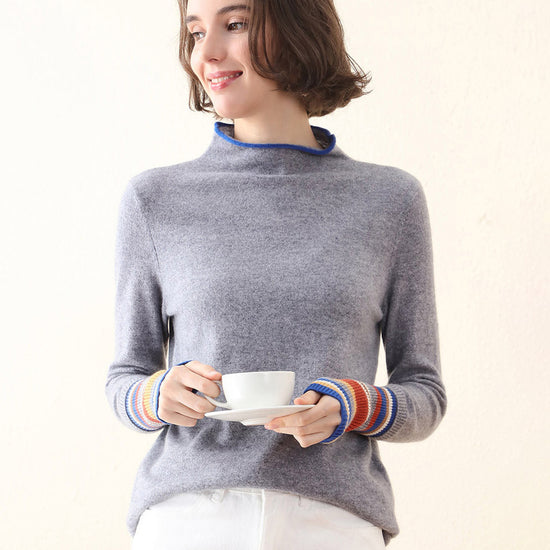 COMOBOCA Gray 100% Cashmere Women's Knit Sweater with Colorful Cuffs