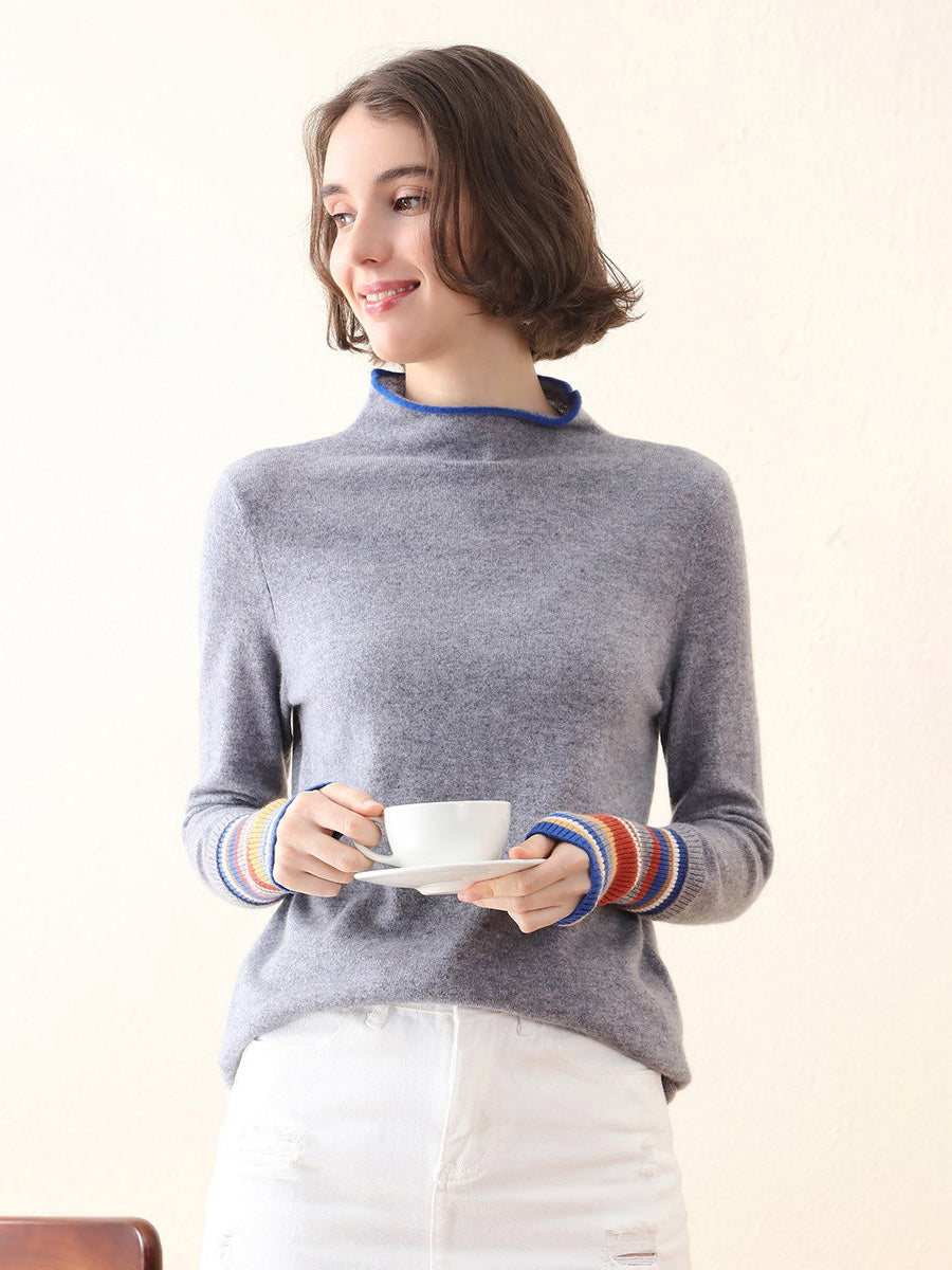 COMOBOCA Gray 100% Cashmere Women's Knit Sweater with Colorful Cuffs