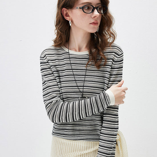 COMOBOCA Women's Striped Mesh Knit Round Neck Sweater