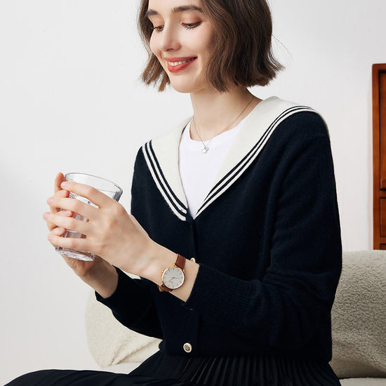 COMOBOCA 100% Cashmere Women's Sailor Collar Cardigan