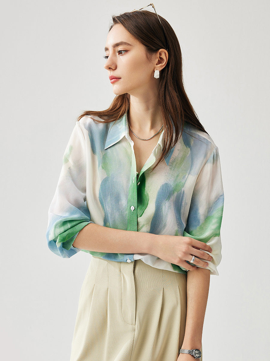 COMOBOCA 100% Mulberry Silk Women's Watercolor Print Shirt
