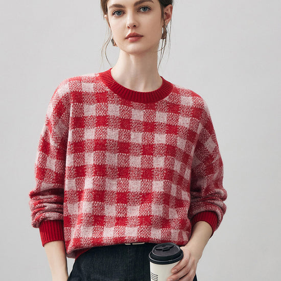 COMOBOCA Red 100% Cashmere Women's Checkered Round Neck Sweater
