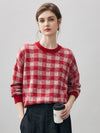 COMOBOCA Red 100% Cashmere Women's Checkered Round Neck Sweater