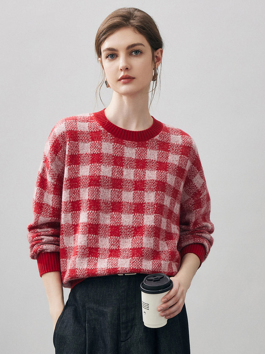 COMOBOCA Red 100% Cashmere Women's Checkered Round Neck Sweater