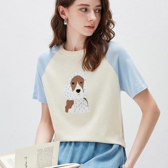 COMOBOCA Women's Puppy Intarsia Raglan Sleeve Knit T-Shirt