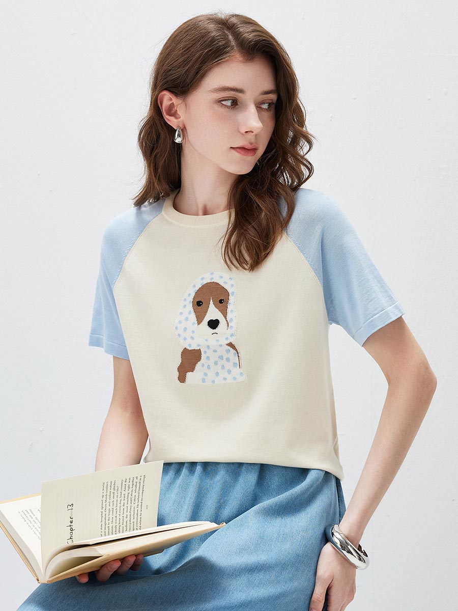 COMOBOCA Women's Puppy Intarsia Raglan Sleeve Knit T-Shirt