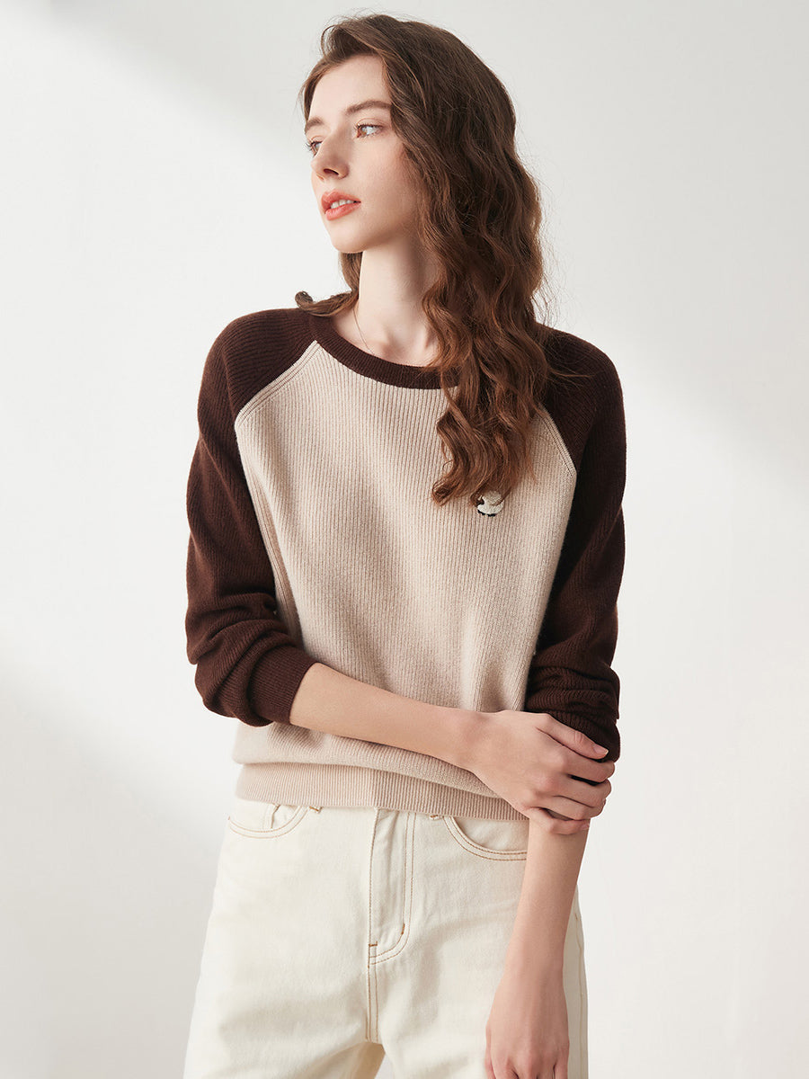 COMOBOCA 100% Wool Women's Contrast Sleeve Sweater