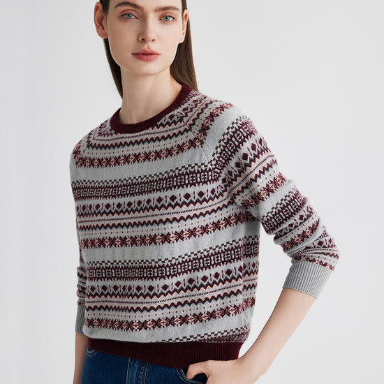 COMOBOCA 100% Cashmere Women's Fair Isle Round Neck Knit Sweater