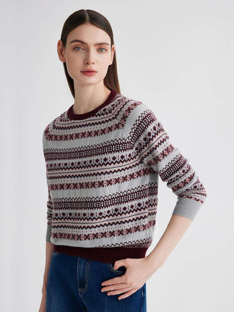 COMOBOCA 100% Cashmere Women's Fair Isle Round Neck Knit Sweater