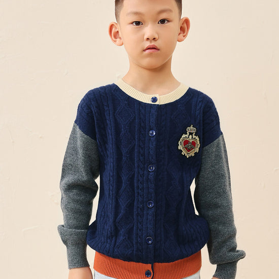 COMOBOCA 100% Wool Kids' Royal Embroidered Cable Knit Cardigan