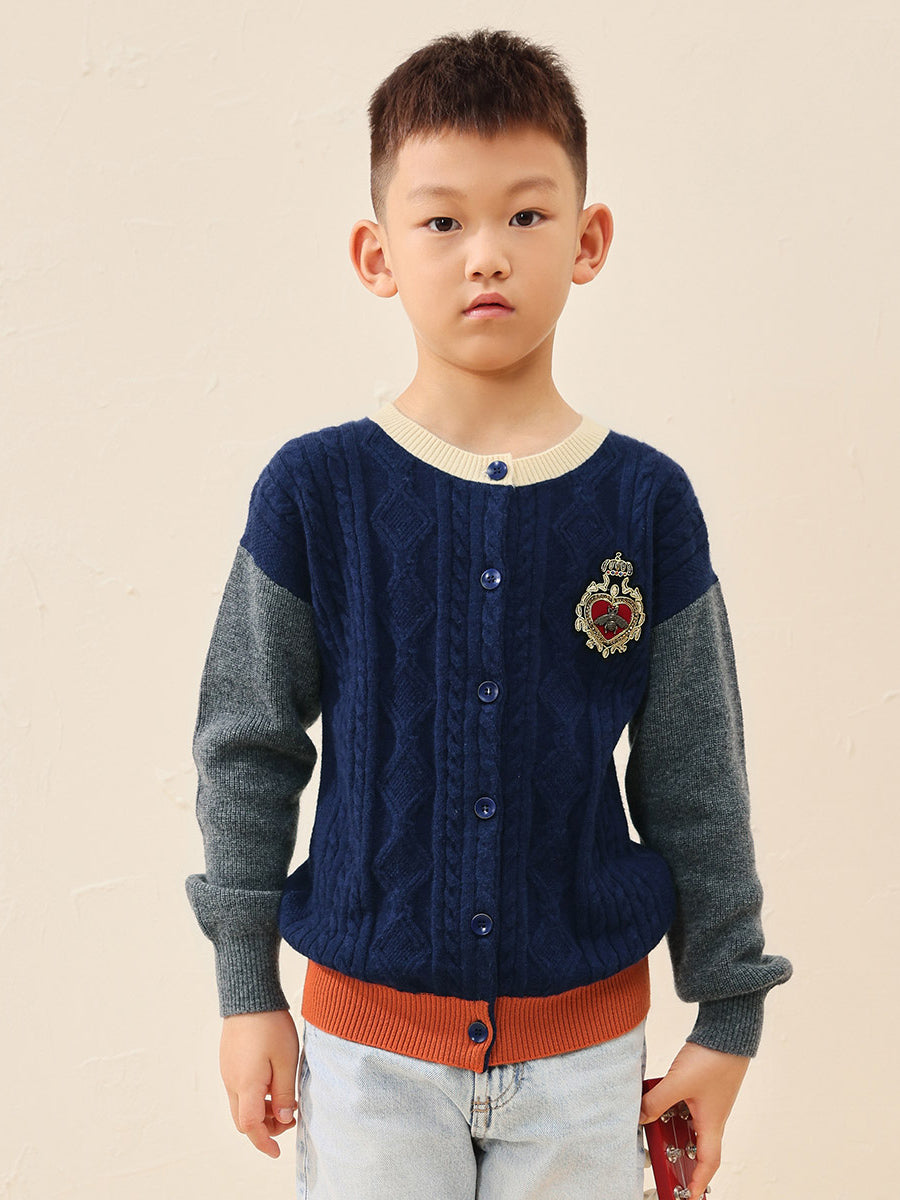 COMOBOCA 100% Wool Kids' Royal Embroidered Cable Knit Cardigan