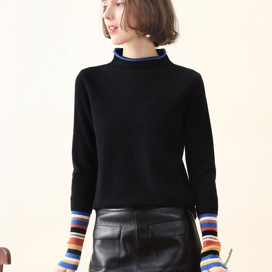 COMOBOCA Black 100% Cashmere Women's Knit Sweater with Colorful Cuffs