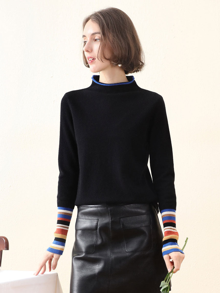COMOBOCA Black 100% Cashmere Women's Knit Sweater with Colorful Cuffs
