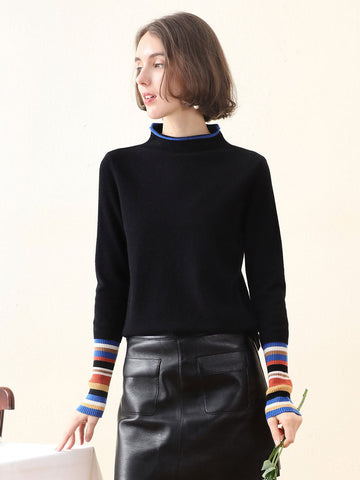 COMOBOCA Black 100% Cashmere Women's Knit Sweater with Colorful Cuffs
